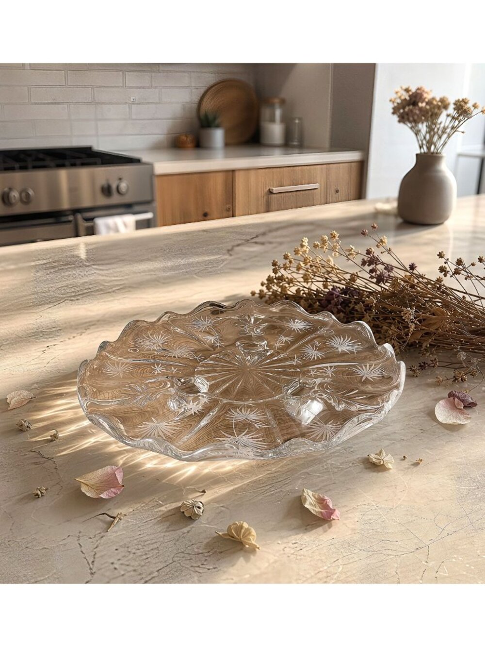 Vintage Clear Glass Etched Floral Starburst Serving Dish Scalloped 8"